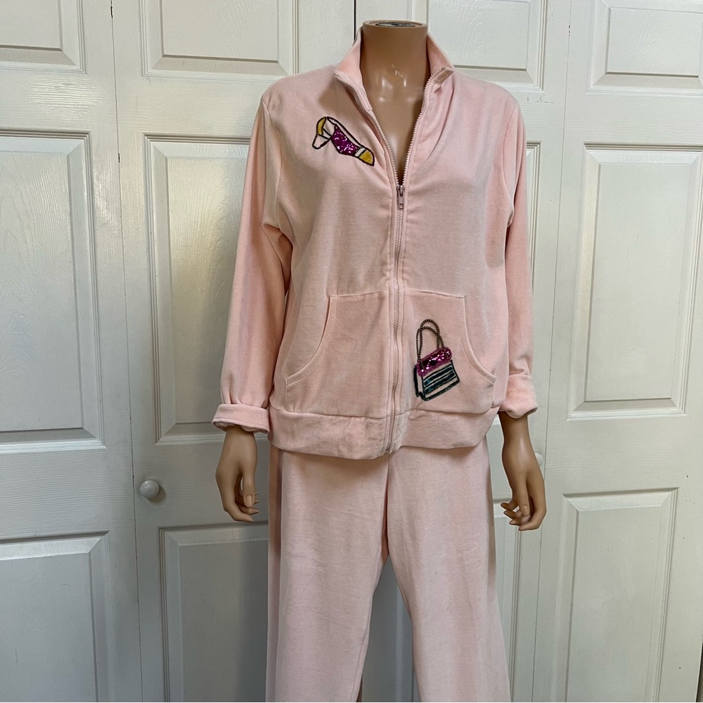 Vintage Y2K Pink Velour Tracksuit Size Medium Jacket with Pants